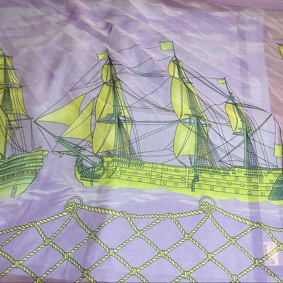 Fantastic Vintage Tall Ships scarf with ropes nets and clouds lavender and gold - Picture 4 of 8